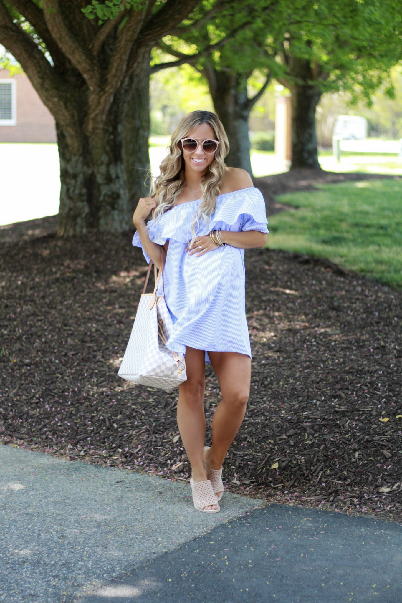Blue Ruffle Dress & Comfiest Wedges for Spring - According to Blaire